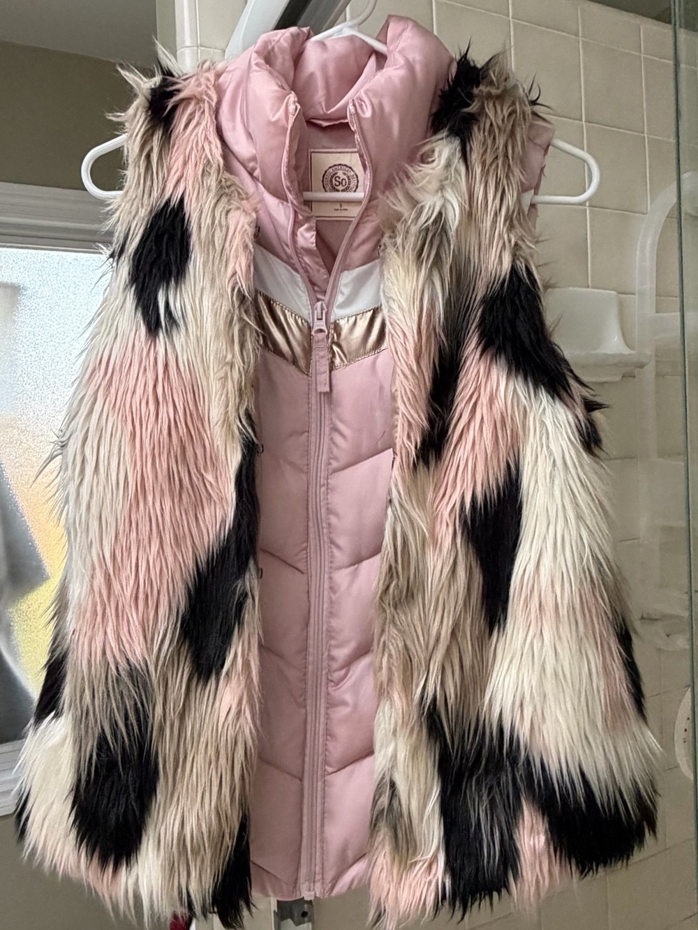 Say What? Girls Pink Puffer Vest with Metallic and White Chevron